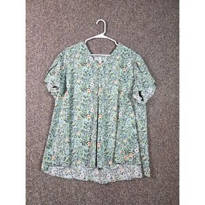 PopYoung‎ Blouse Womens 3XL Sage Green Floral V-Neck Short Sleeve Pleated Top